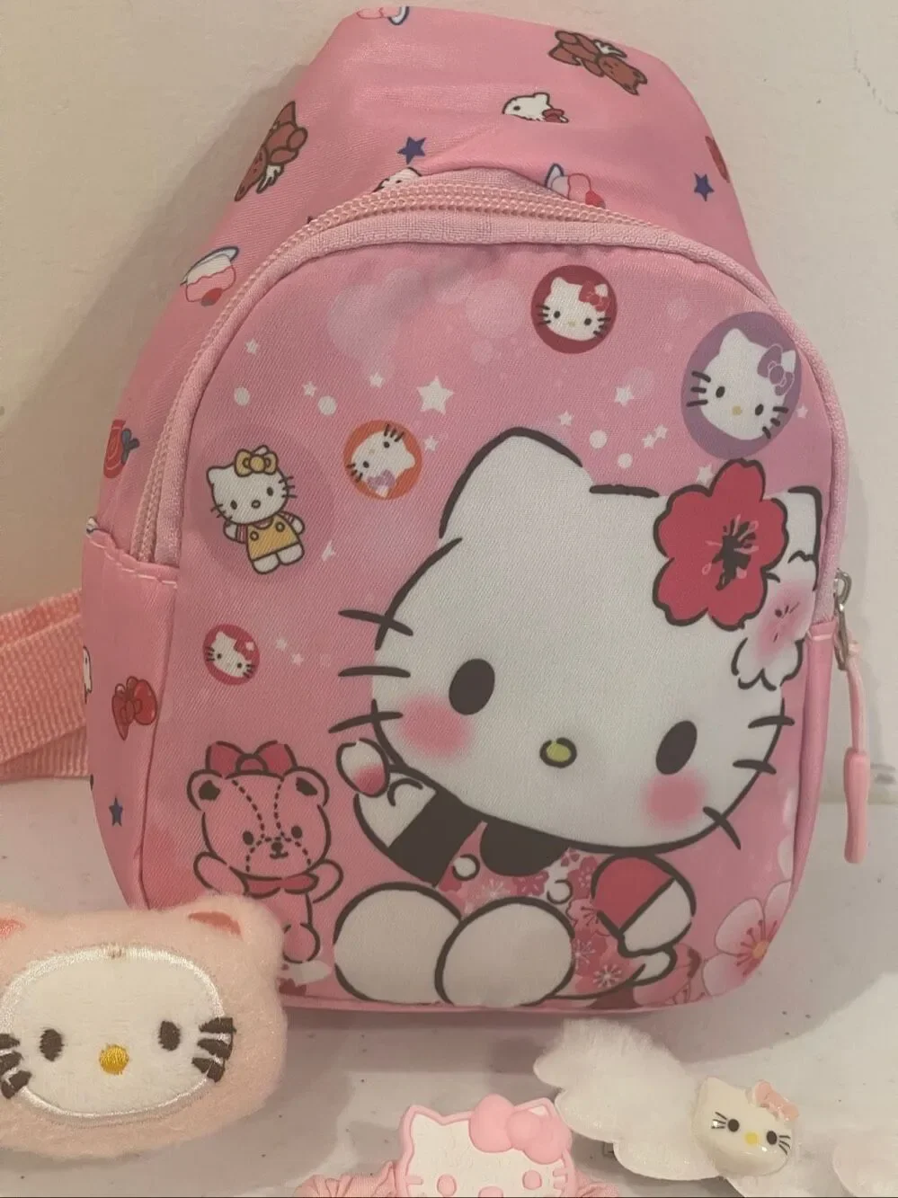 Hello Kitty mini back pack with 15 barrettes, hair clips and hair ties sticking